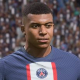 An in-game screenshot of Kylian Mbappe in a blue football kit