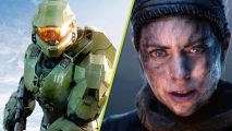 Best Xbox Game Pass Games: An image of Master Chief with an AR in Halo Infinite and Senua's face in Hellblade Senua's Sacrifice.