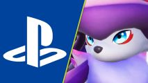 Palworld PS5 tease Bucky: a purple fox-like pal next to the PlayStation logo