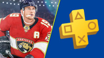 PS Plus July 2024 NHL 24: a Florida Panthers player next to the PS Plus logo
